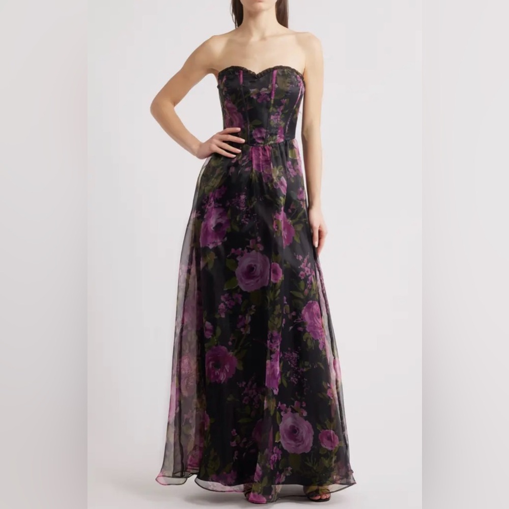 Lulus x Nordstrom Hadley Floral Organza Black and Purple Women's Maxi Dress BNWT